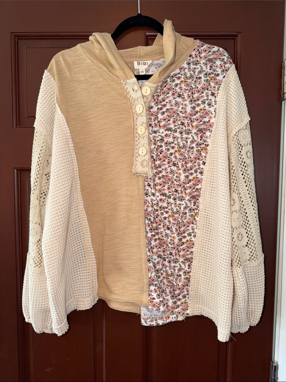 BiBi Cream & Beige Patchwork Floral Hoodie